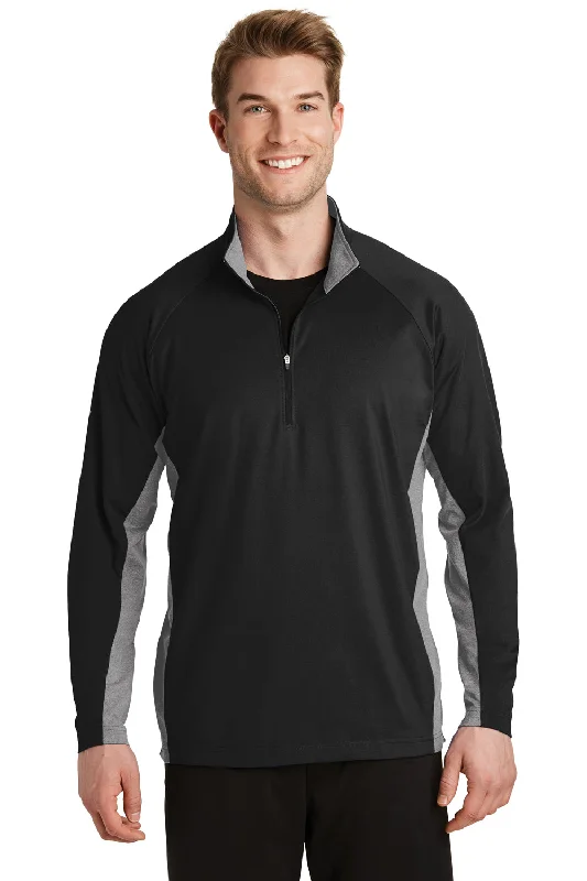 Sport-Tek Mens Sport-Wick Moisture Wicking 1/4 Zip Sweatshirt - Black/Heather Charcoal Grey