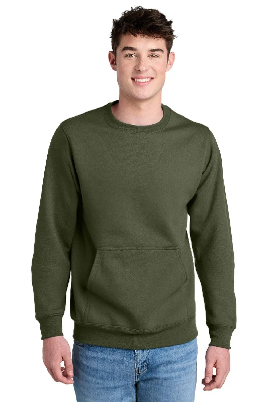 Port & Company Mens Core Fleece Crewneck Sweatshirt w/ Pouch Pocket - Olive Drab Green - New