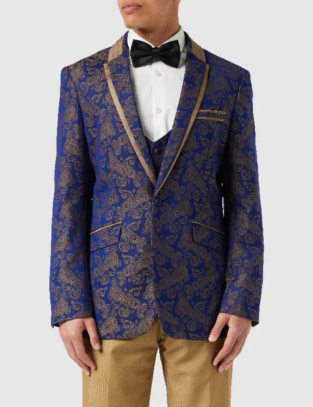 NAVY GOLD BROCADE WEDDING JACKET & WAISTCOAT