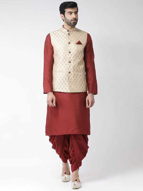 Men Cream Kurta Jacket Dhoti Pants Set