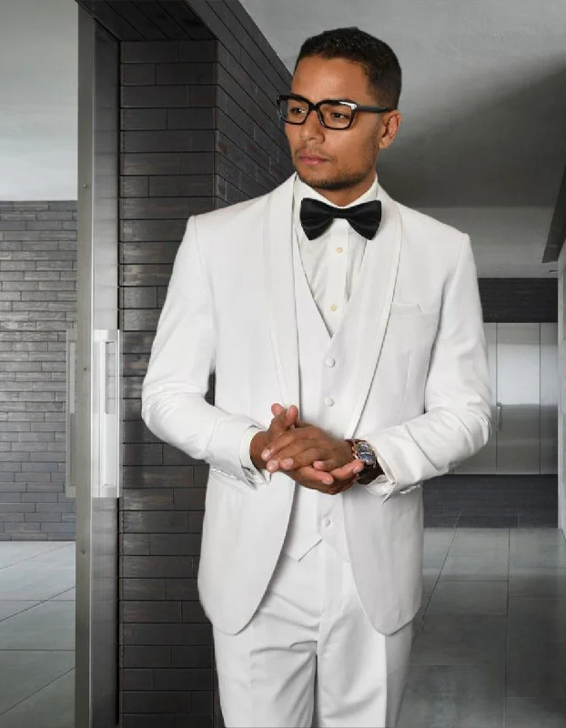 Caesar White 3 Pc Flat Front Pants With Matching Bow Tie Tuxedo