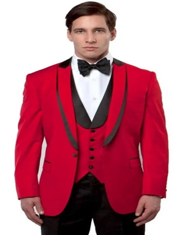 Mens One Button Peak Lapel Flat Front Pants Vested Fancy Tuxedo in Red