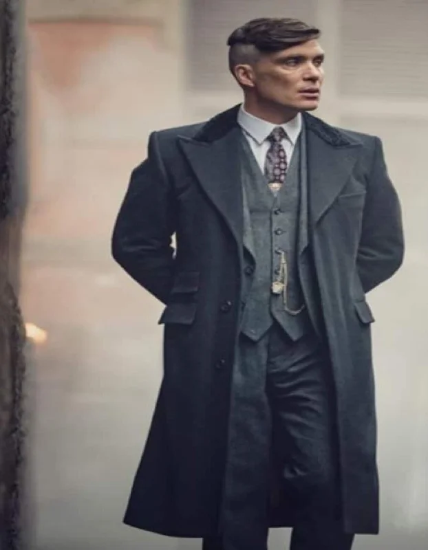 Mens Overcoat - Topcoat For Men - Winter Fabric - men's Dark Grey Thomas Shelby Costume Jacket + Pants + Vest + Overcoat + Hat