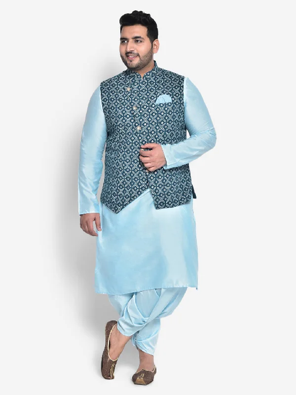 Men Blue Kurta Jacket Dhoti Pants Set