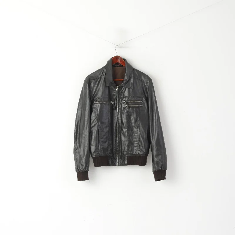 Oakwood Men L Jacket Dark Brown Leather Pilot Slim Full Zip Rock Bomber Biker Top