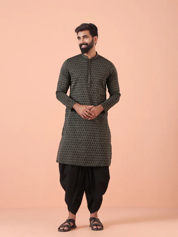 Men Black Woven Design Kurta Dhoti Pants Set