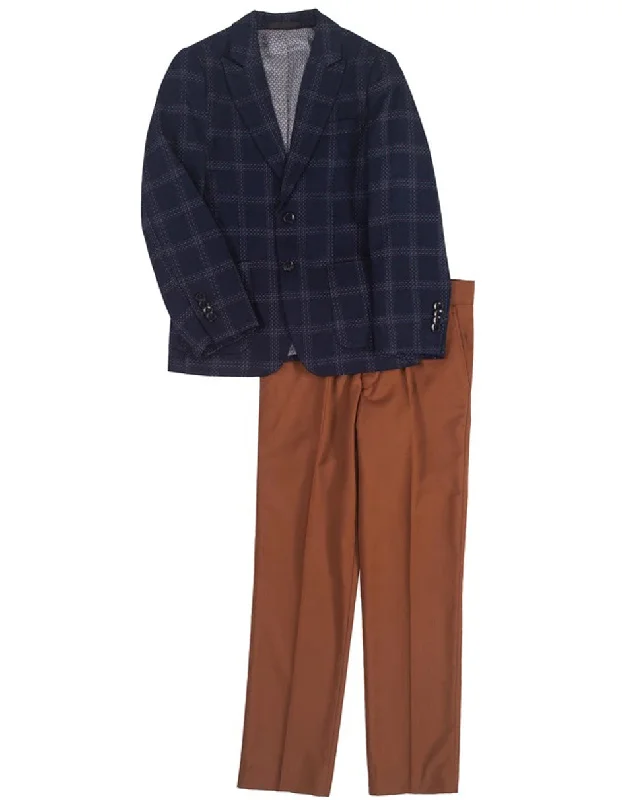 Boys 2 Button Navy Plaid Blazer with Cognac Pants