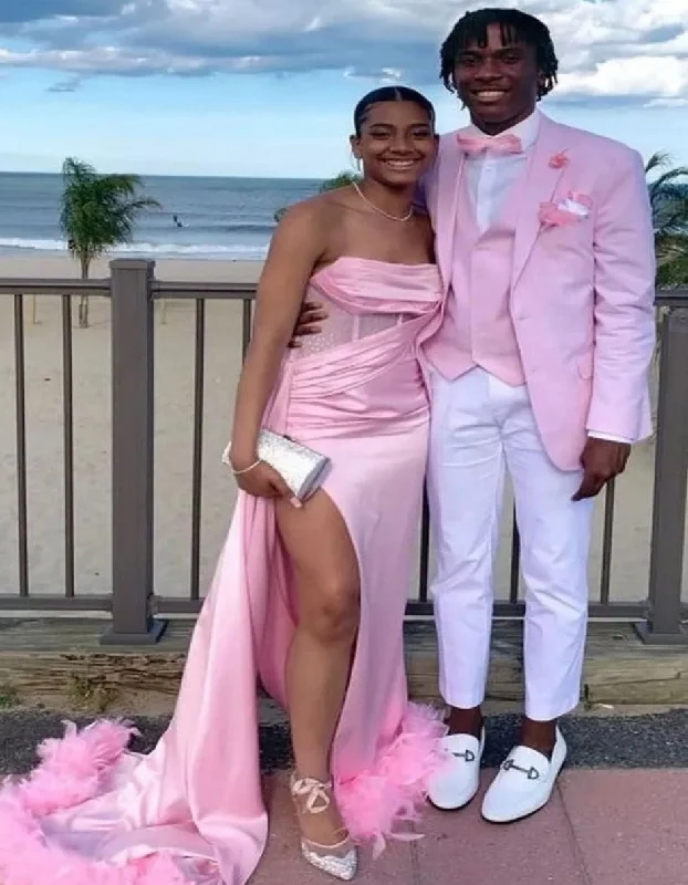 Pink And White Tuxedo Suit With White Pants + White Shirt + Pink Vest and Bowtie