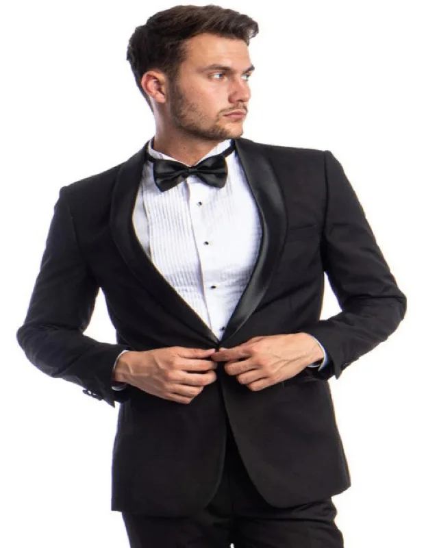 Black Tuxedo - Mens Wedding Suit Black Flat Front Pants Skinny Fit Tuxedo - Black Prom Suit