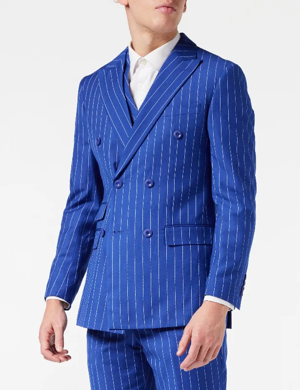 BLUE DOUBLE BREASTED WIDE CHALK STRIPE JACKET