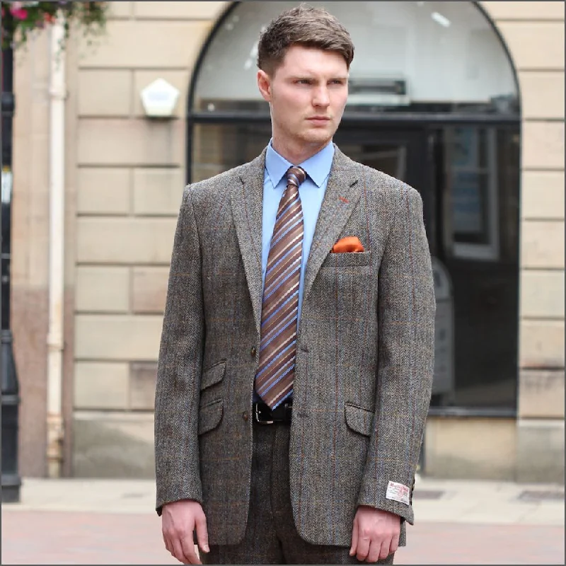 Harris Tweed Brown, Blue Herringbone Jacket>>