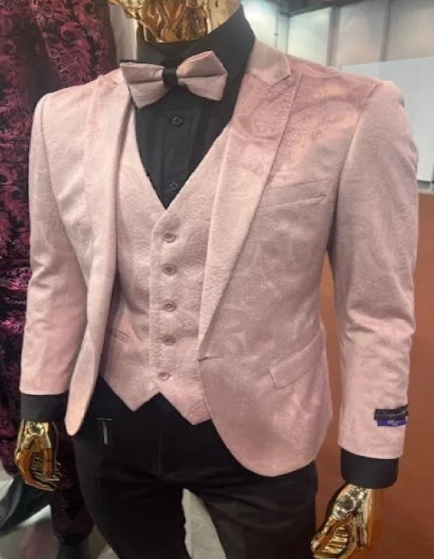 Pink Paisley Suit - Blush Color Slim Fitted Prom Suit With Bowtie Vest and Black Pants