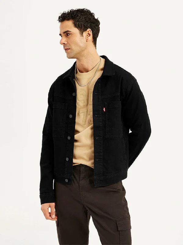 Men's Solid Black Spread Collar Jacket