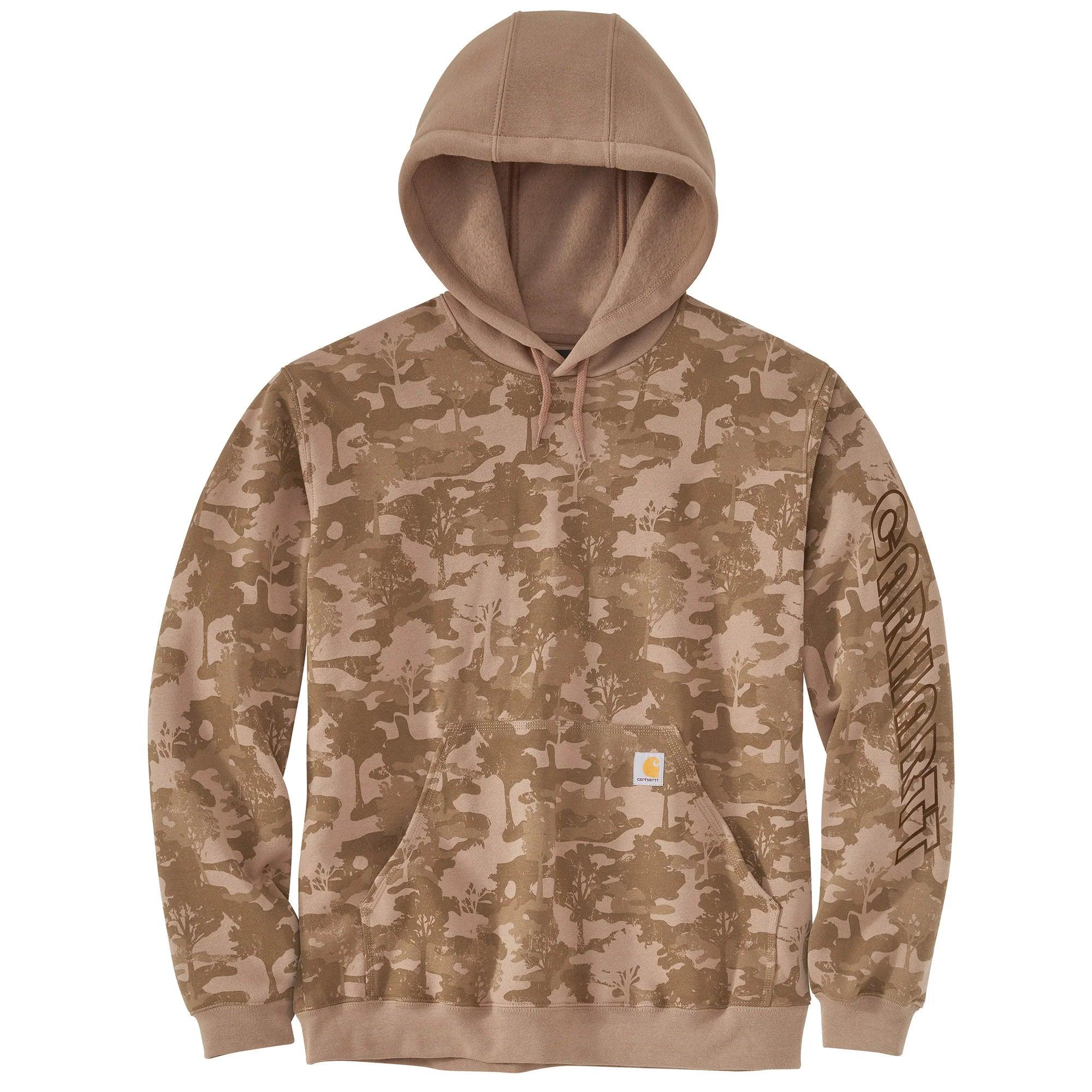 Loose Fit Midweight Hooded Camo Logo Graphic Sweatshirt - Flaxseed Tree Camo