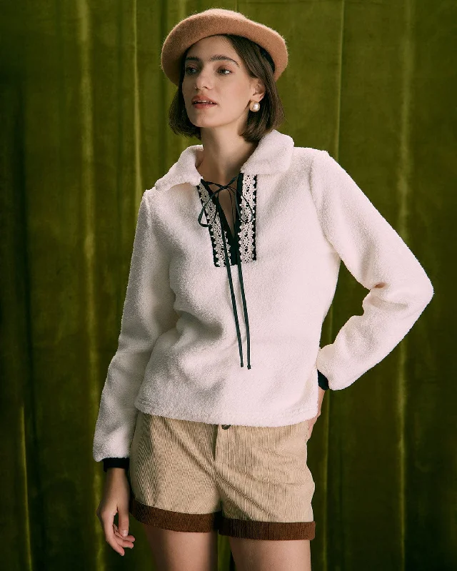 The Beige V Neck Spliced Teddy Sweatshirt