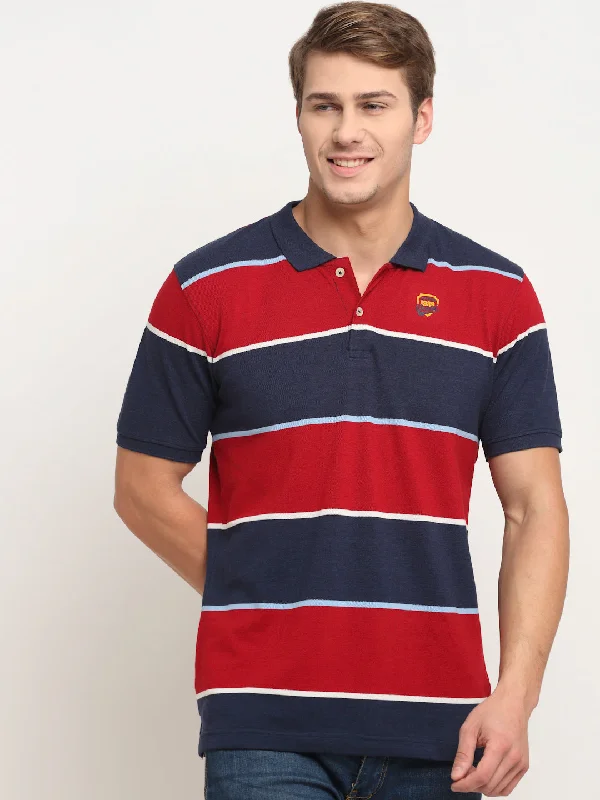 Men's Blue Melange Stripe Polo neck Half Sleeve T-Shirt