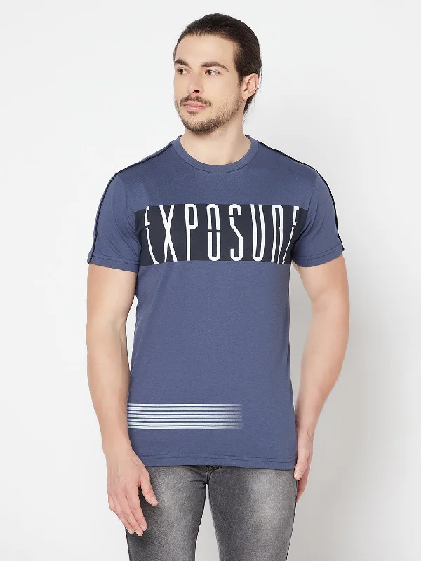 Men's Airforce Blue Round neck Half Sleeve T-Shirt with Print & contrast piping on shoulder