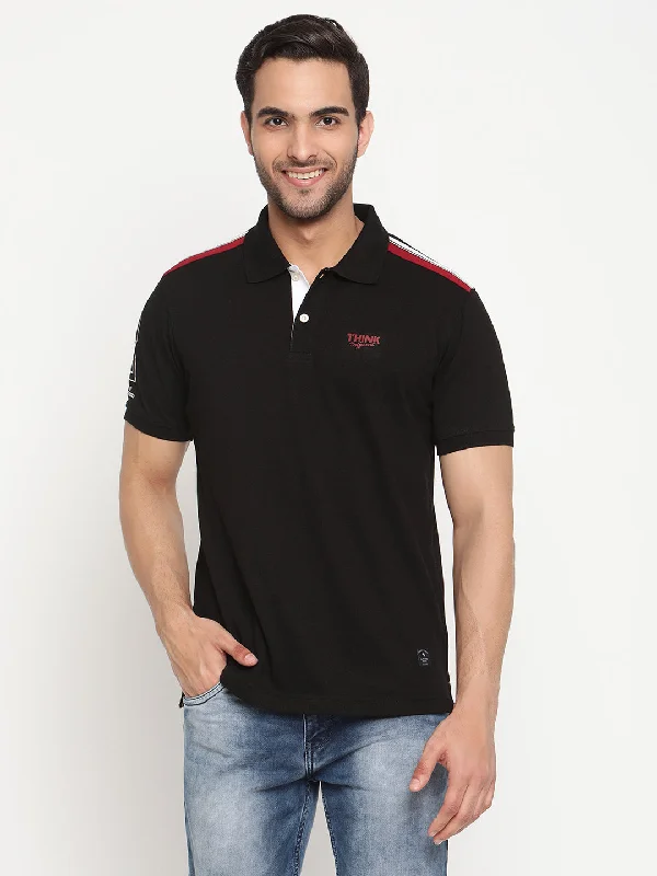 Men's Black  Polo neck Half Sleeve T-Shirt with tape detail on shoulder