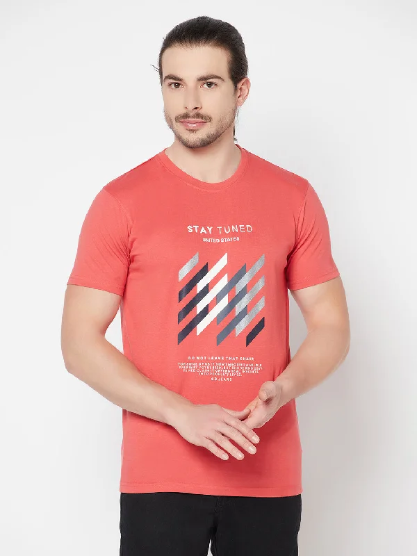 Men's Coral  Round neck Half Sleeve T-Shirt with Print