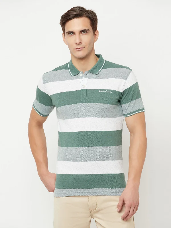 Men's Green Stripe Polo neck Half Sleeve T-Shirt