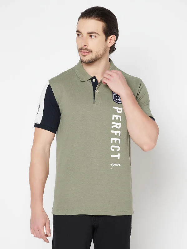 Men's Olive Green Polo neck Half Sleeve T-Shirt with Print & vertical color block on sleeve