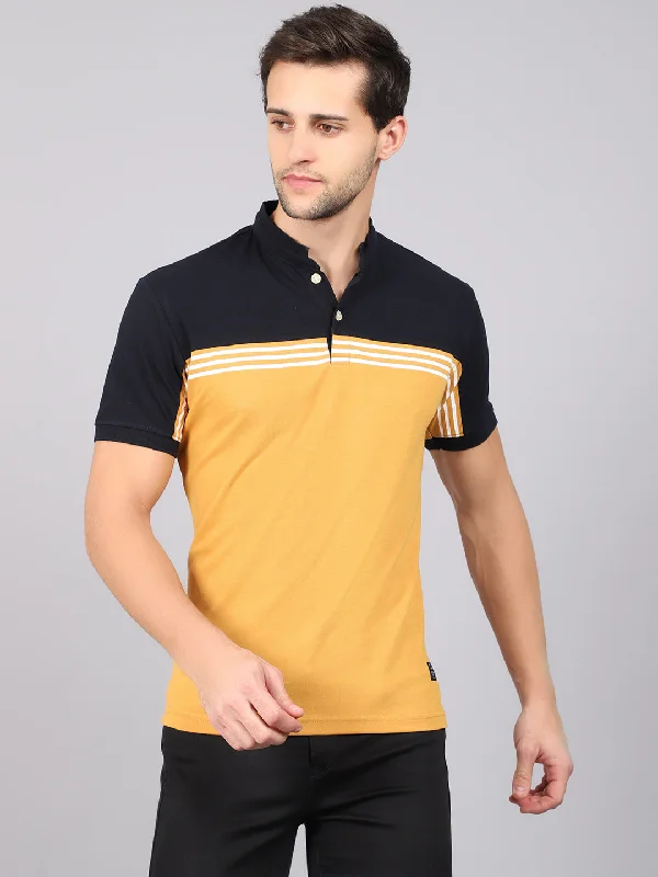 Men's Mustard Color block Mandarin neck Half Sleeve T-Shirt