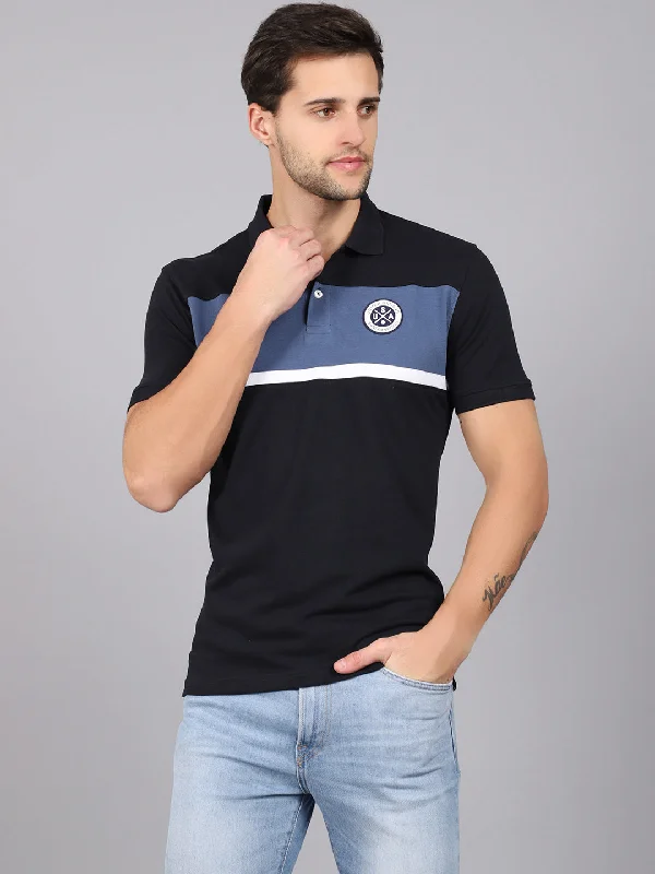 Men's Navy Blue Color block Polo neck Half Sleeve T-Shirt