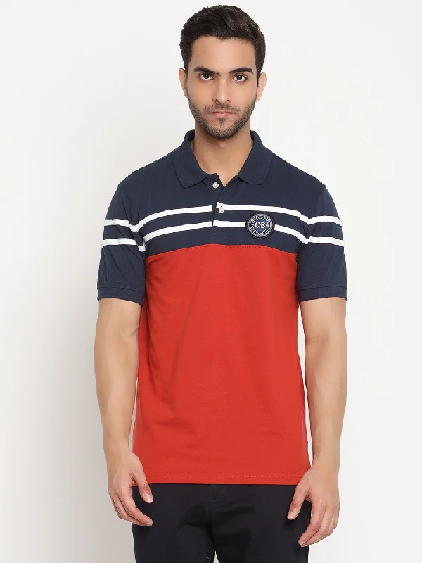 Men's Navy Blue Color block Polo neck Half Sleeve T-Shirt