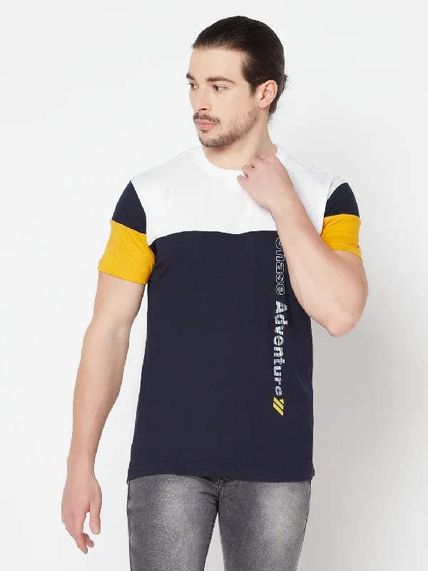 Men's Navy Blue Color block Round neck Half Sleeve T-Shirt with Print