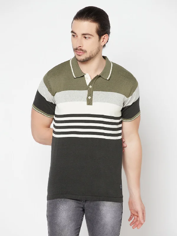 Men's Olive Green Placement Stripe Polo neck Half Sleeve Flatknit T-Shirt