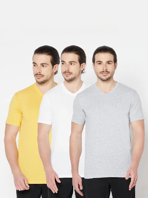 Men's Pack of 3 V neck Half Sleeve T-Shirt Yellow,White,Grey Melange