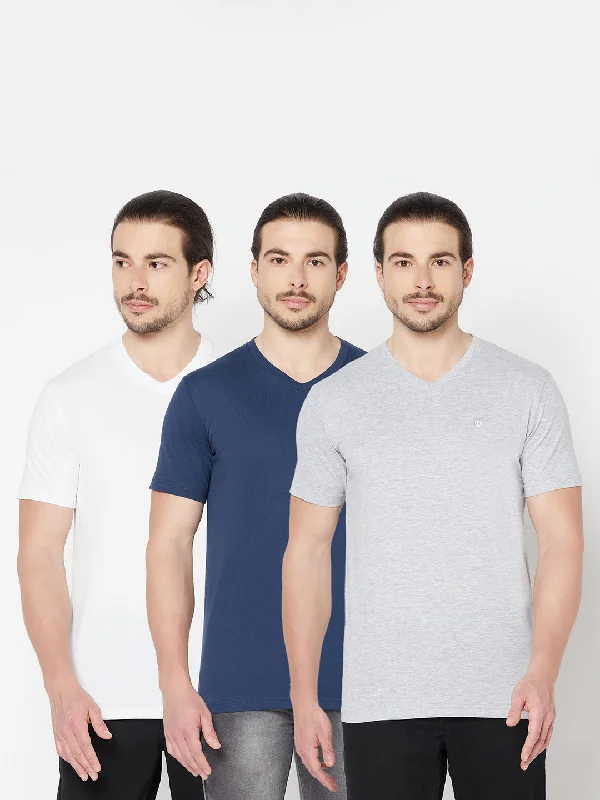 Men's Pack of 3 V neck Half Sleeve T-Shirt White,Blue,Grey Melange