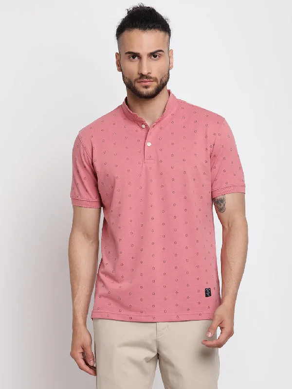 Men's Pink All over print Mandarin neck Half Sleeve T-Shirt