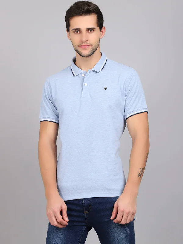 Men's Sky Blue Melange Polo neck Half Sleeve T-Shirt