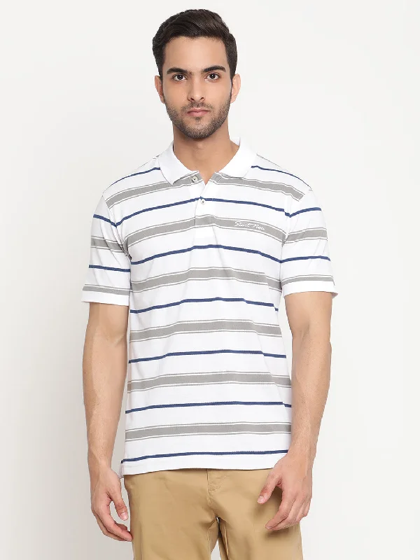 Men's White Stripe Polo neck Half Sleeve T-Shirt