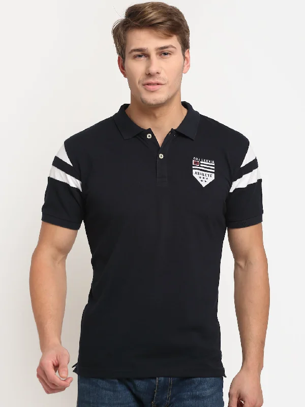 Men's Navy Blue Polo neck Half Sleeve T-Shirt with contrast cut n sew detail on sleeves