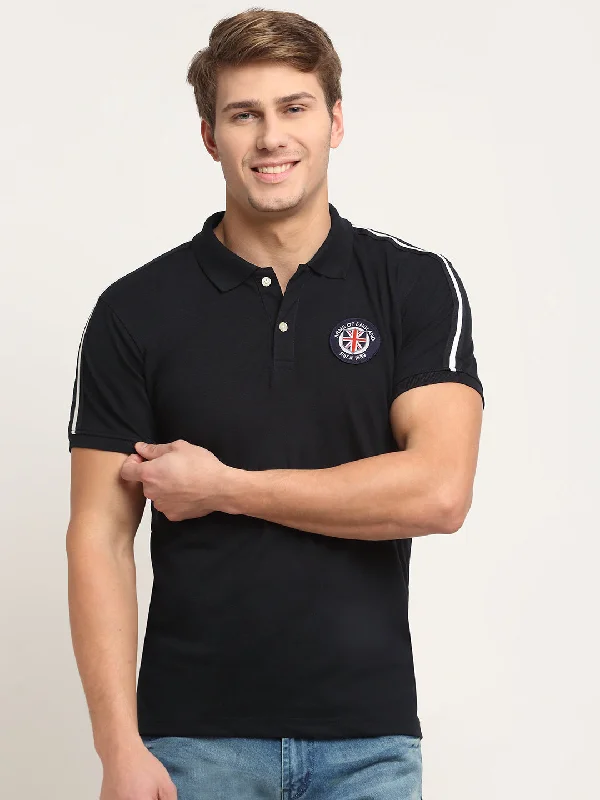 Men's Navy Blue Polo neck Half Sleeve T-Shirt with tape detail on shoulder