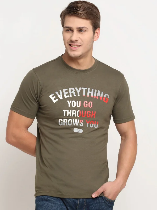 Men's Olive Green Round neck Half Sleeve T-Shirt with Print