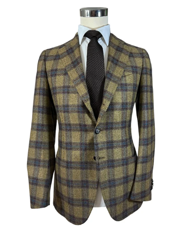 Cesare Attolini Cashmere Sport Coat Brown Royal Blue Plaid Windowpane EU 48/ US 38