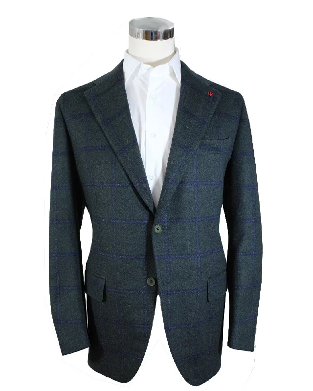 Isaia Sport Coat Dark Green Midnight Blue Windowpane - Wool Cashmere EU 56/ US 46 SALE