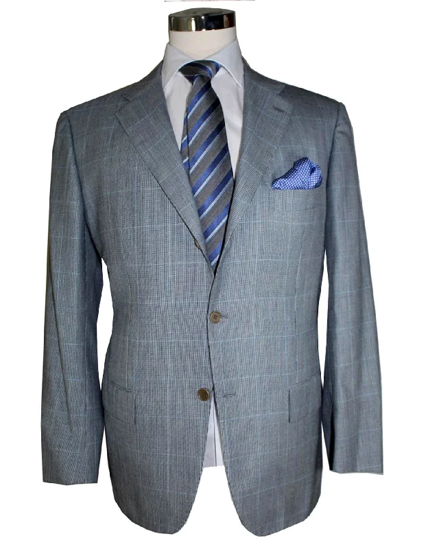 Kiton Blazer Gray Blue Windowpane Cashmere Linen Silk Sportcoat EUR 56 - US 44 R REDUCED - SALE