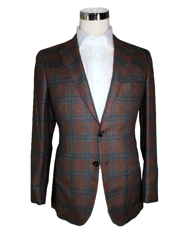 Kiton Sport Coat EU 48 - US 38 R Brown Turquoise Plaid Linen Cashmere Unlined Blazer REDUCED SALE